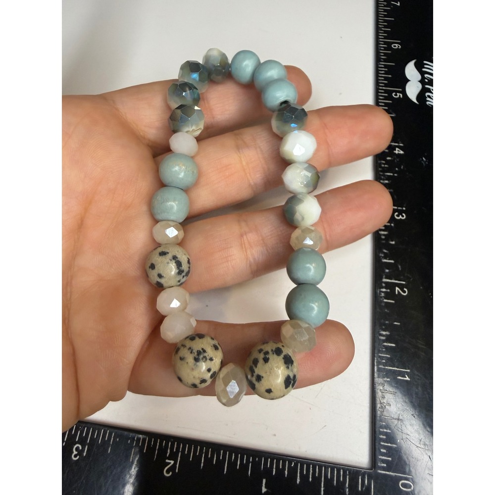 Mixed Bead Stretch Bracelet Dalmatian Jasper Blue Wood Faceted Glass Boho